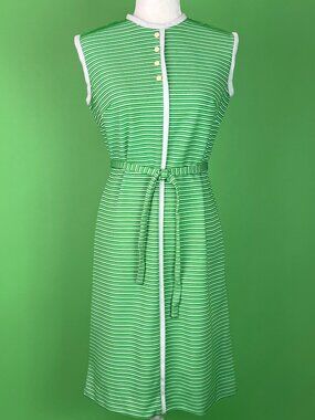 Vintage 60s 70s Mod Green Striped Sleeveless Go Go Dress Size Small